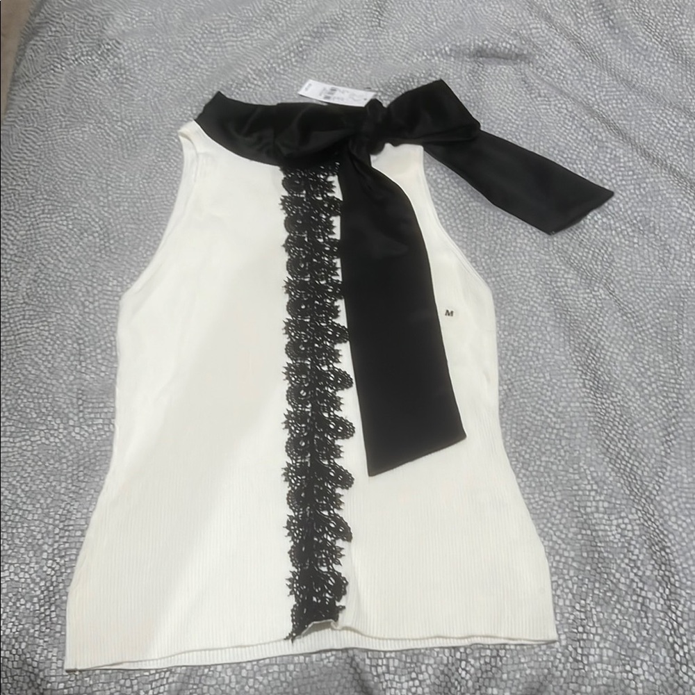 New York & Company Fitted Embellished Tie Front Tank Top in White Cream